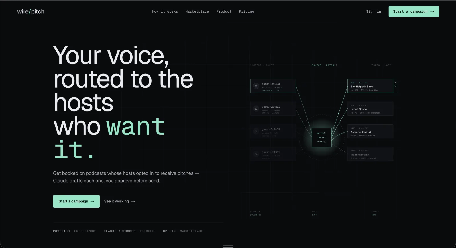 Wirepitch — podcast booking platform homepage